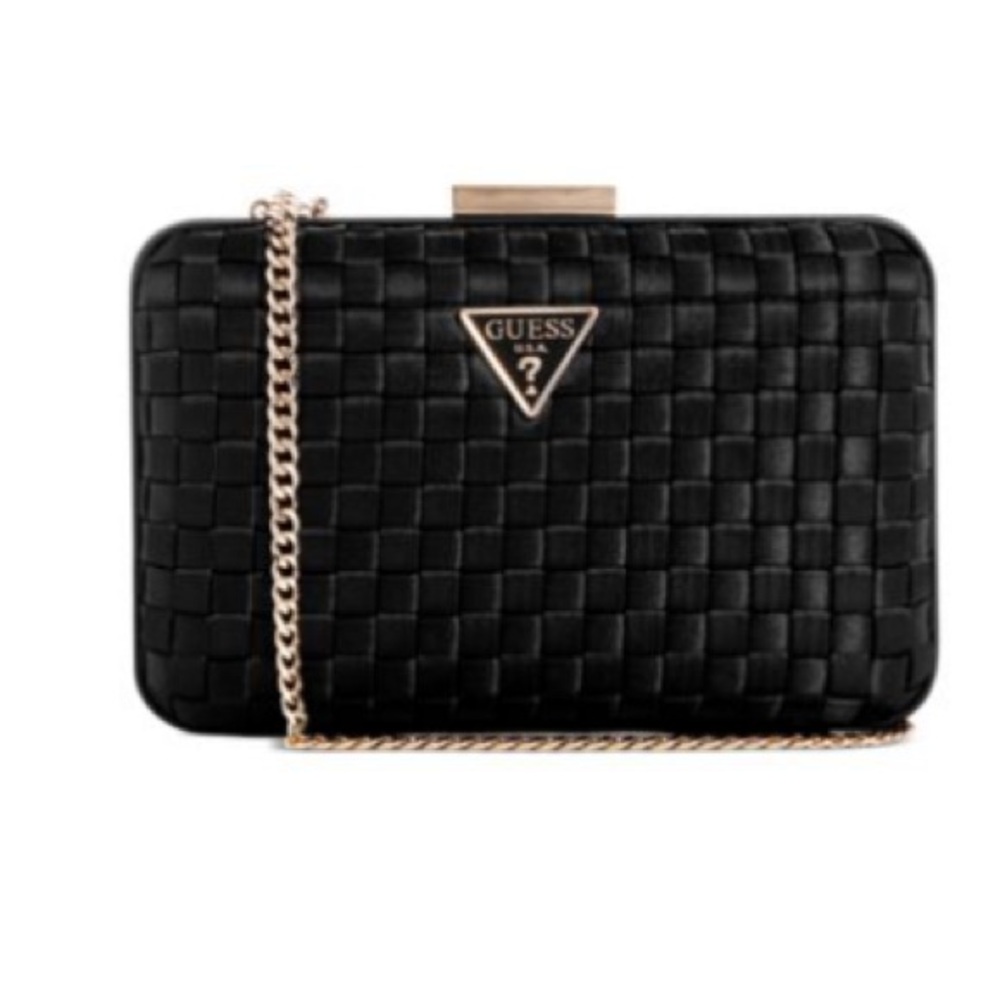 New!! GUESS Black Twiller Minaudiere Satin Small Crossbody Clutch